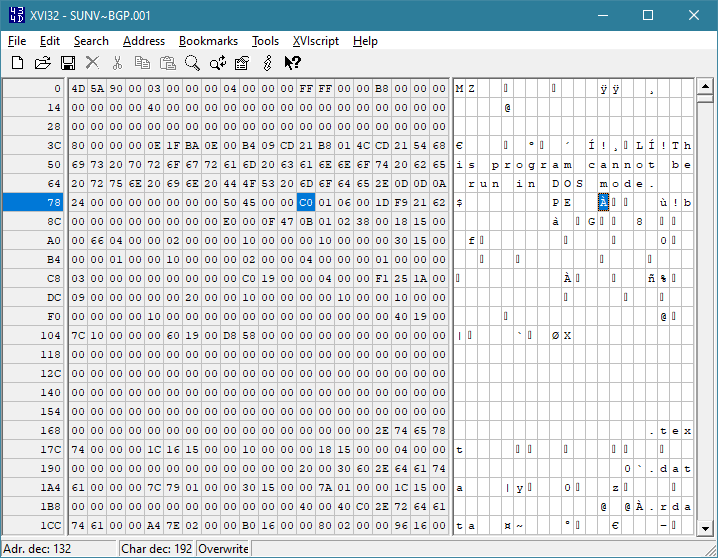 Hex Editor Screenshot with a Windows CE .exe open in it